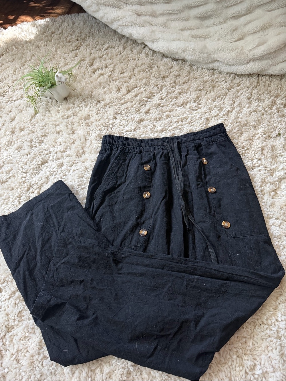 Women’s high waisted flowy cute Black Cargo Pants with Button-Accent Front